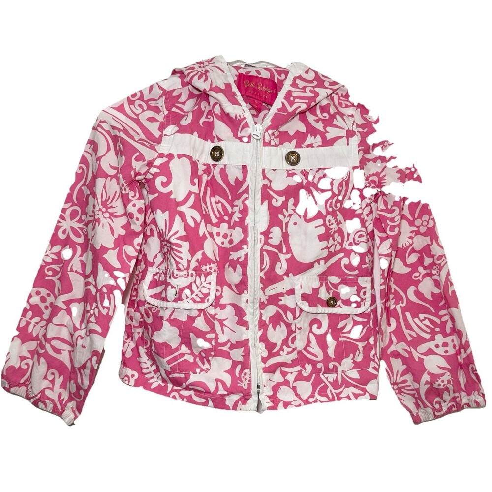 Lilly Pulitzer Girls 8 Pink White Novelty Print Hooded Jacket Zip